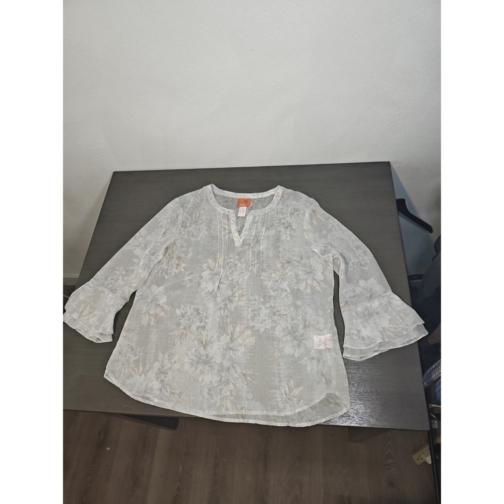 Hearts of Palm Woman's sheer floral Tunic blouse split bell sleeves Medium